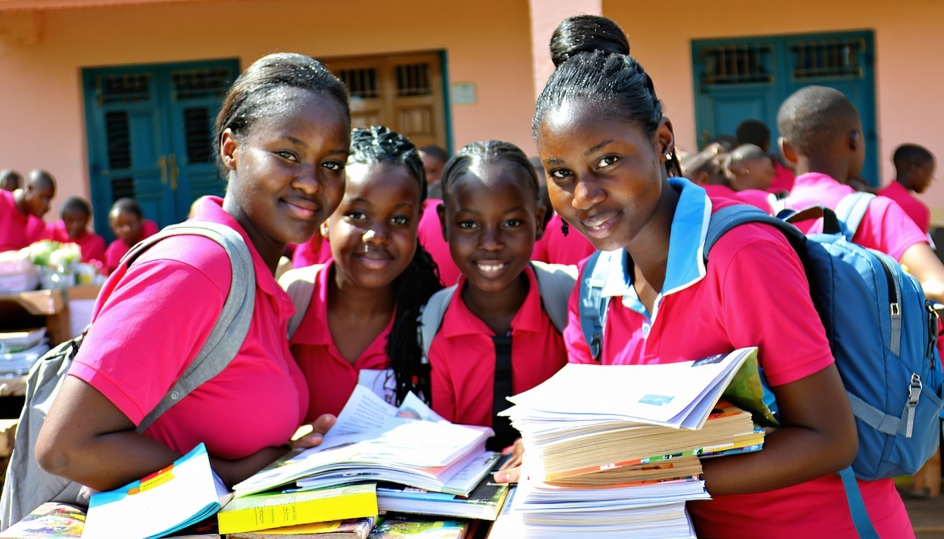 Volunteers organizing school materials